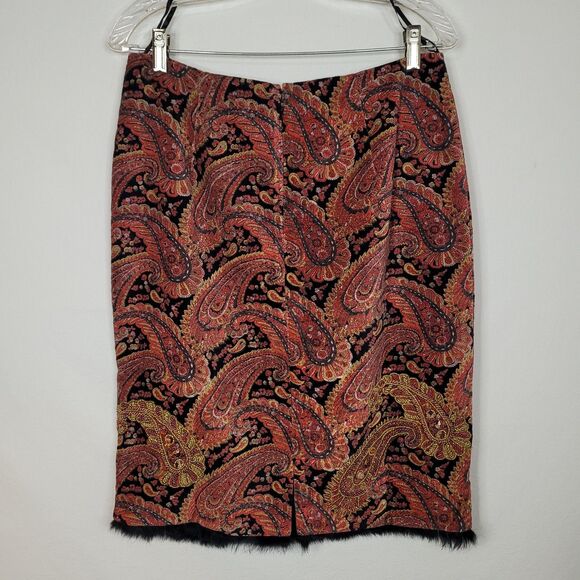 NWT Ario Beaded Pencil Skirt Red Gold Paisley Velvet Womens L Boho Maximalist - Picture 3 of 11